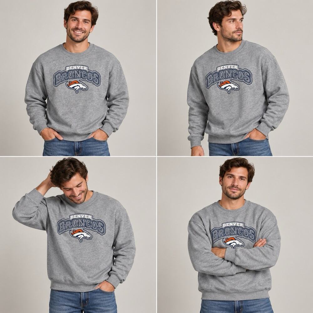 NFL Denver Broncos Sweatshirt Mens Large Gray Embroidered Crewneck Football